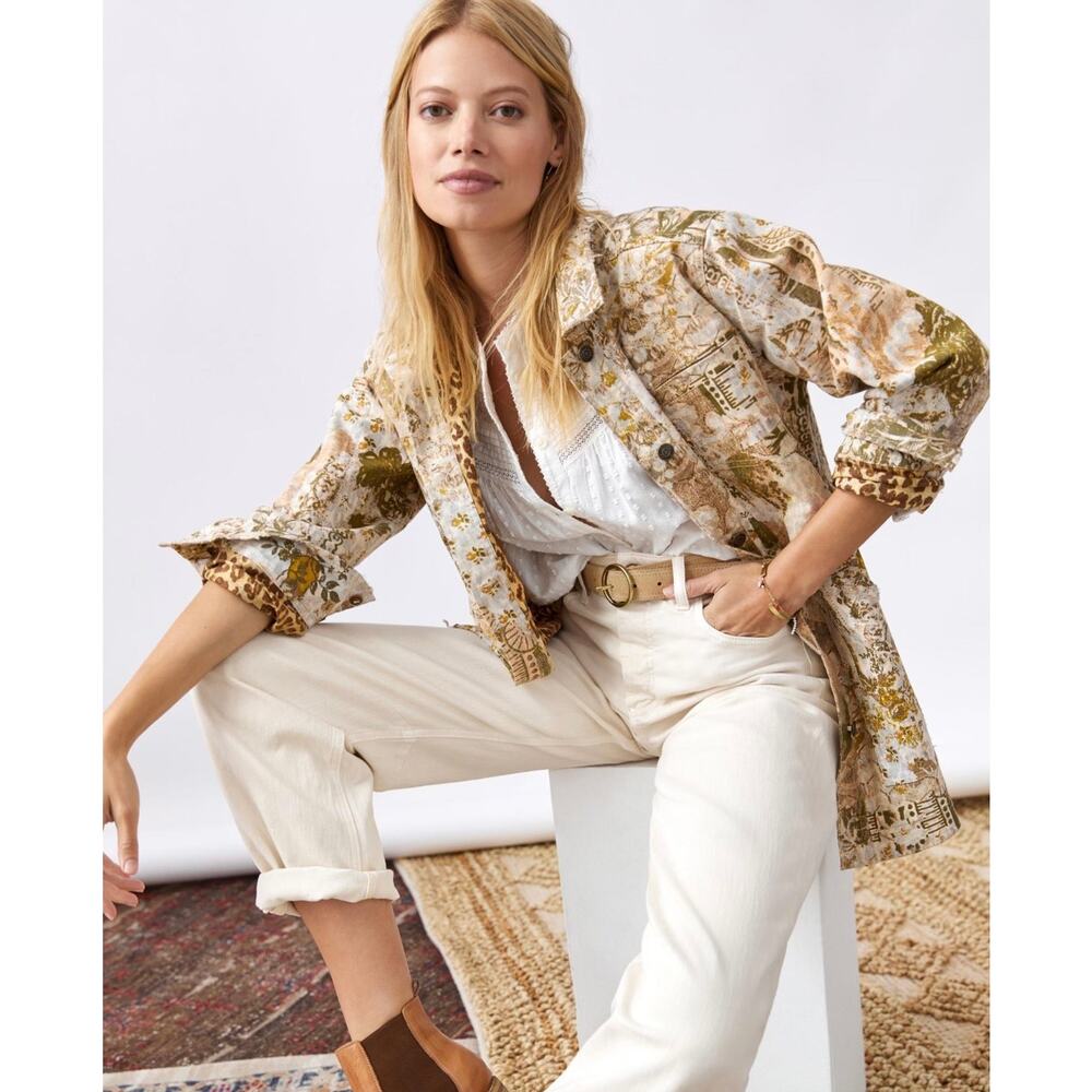 ANTHROPOLOGIE Pilcro The Fielder Denim Shirt Jacket Beige Boho Floral L